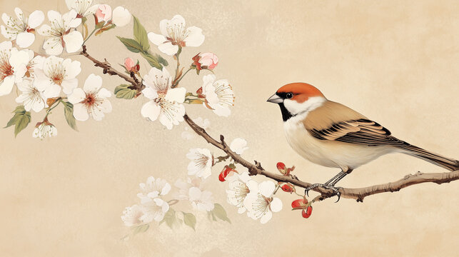 Bird on a branch of cherry blossom flower in Chinese style. 