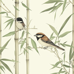 bird on a branch of tree seamless pattern. sparrow element with bamboo branch of leaf in Chinese style.