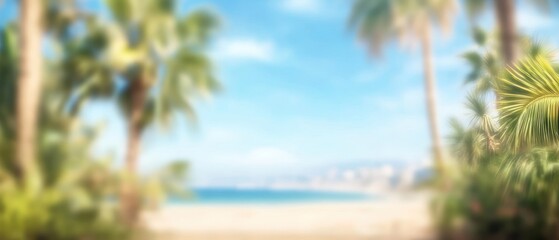 Obraz premium Tropical beach scene with palm trees and distant city skyline