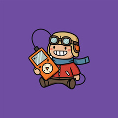 Happy Aviator Kid with Retro MP3 Player Charming Cartoon Illustration