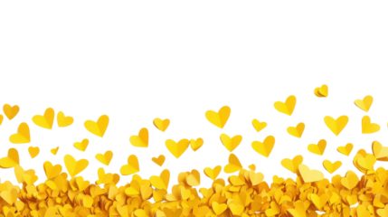 Yellow paper hearts floating and accumulating on transparent background