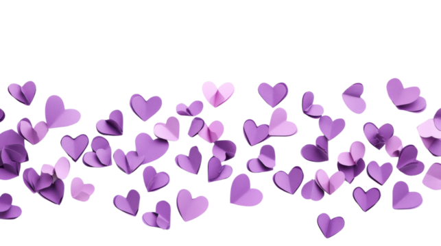 Purple paper hearts scattered on transparent background