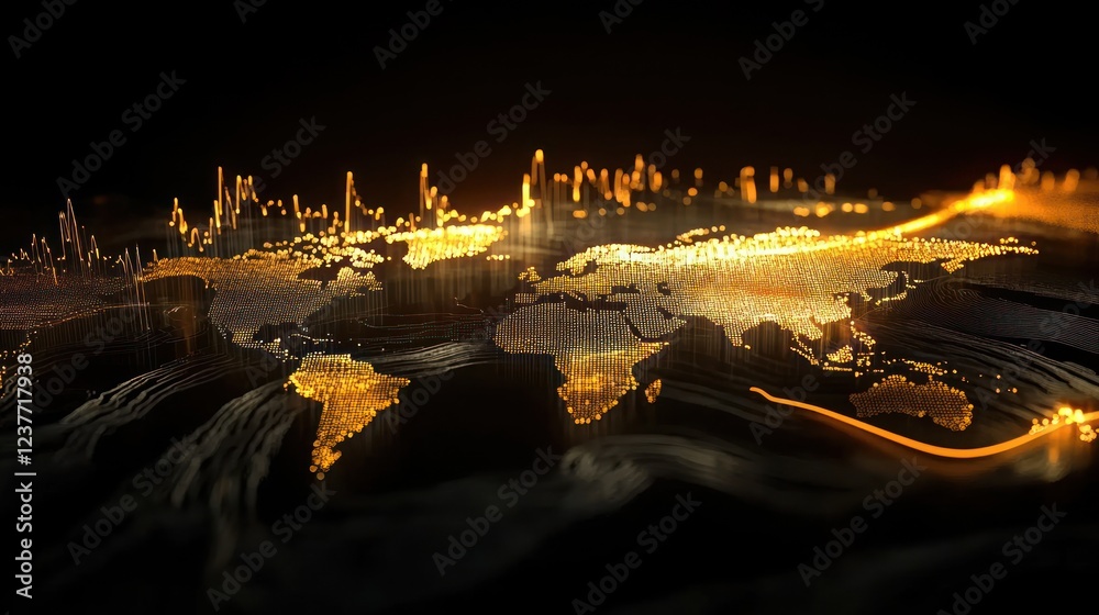 Poster illuminated world map with dynamic data visualization effects