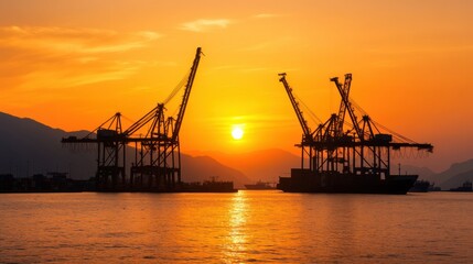 Fototapeta premium Crane silhouettes against a vibrant sunset over water, symbolizing industrial activity.