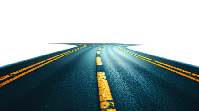 Photo of curved double lane road with yellow lines isolated on transparent background - Powered by Adobe