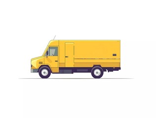 Flat vector illustration of a yellow delivery truck, against a white background. The design is simple, with flat colors, a minimalistic style, and simple shapes.