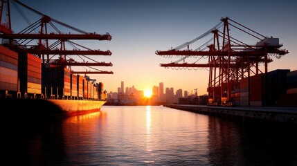 Dramatic sunset view over a busy port with shipping containers and cranes silhouetted.