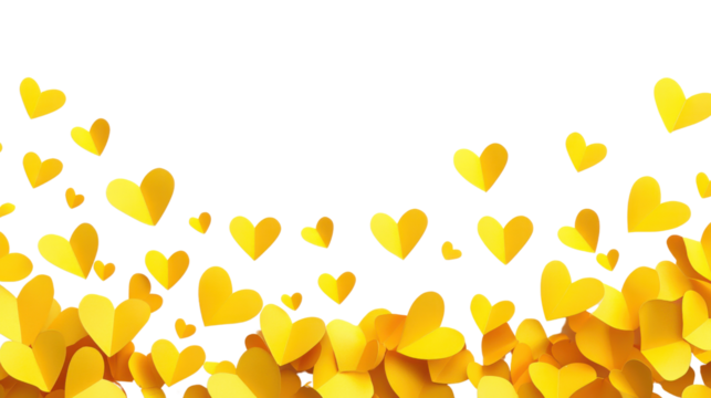 Yellow paper hearts falling on transparent background