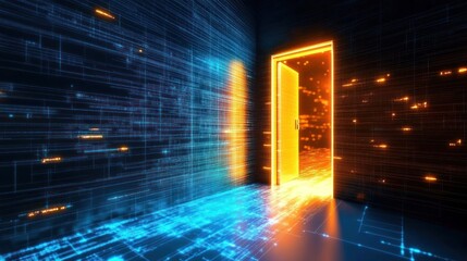 Naklejka premium Futuristic digital doorway illuminating a dark tech room