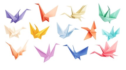 Obraz premium A Set of Colorful Origami Paper Cranes - Vibrant Symbols of Peace and Artistry