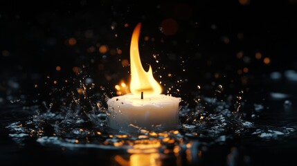 A burning white candle, background all black. The candle swims on some water 