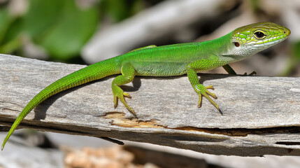 Green lizard on branch, green lizard sunbathing on branch, green lizard  climb on wood, Jubata lizard