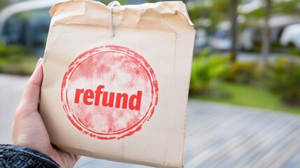 A hand holding a receipt with a large refund stamp, symbolizing consumer return policies