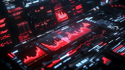 Data displays with red lines on screen, tech analysis