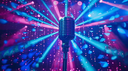 vibrant stage with an empty microphone, surrounded by mesmerizing lights and colorful rays of light emanating from the audience in shades of blue, purple, pink, creating a dreamy atmosphere