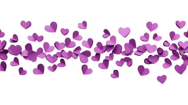 Purple paper hearts scattered on a transparent grid