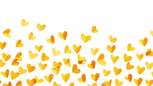 Yellow paper hearts falling on transparent background
