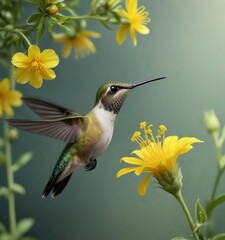 Fototapeta premium Hummingbird feeding on the sweet liquid of a small yellow flower with other nearby blooms, garden, insects, foliage