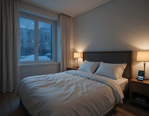 cozy bedroom with a bed, nightstand, and a window overlooking a winter scene. Perfect for home, cozy, and sleep-themed projects.