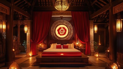 A luxury hotel suite decorated with Mu-Telu symbols and mystical artifacts