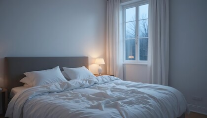 cozy bedroom with a bed, nightstand, and a window overlooking a winter scene. Perfect for home, cozy, and sleep-themed projects.