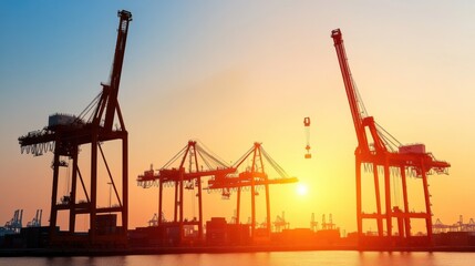 Obraz premium Silhouetted cranes at sunset, highlighting industrial activity and urban landscape.