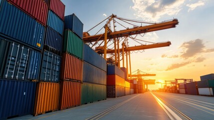 Shipping containers stacked at a bustling port during a bright sunset.