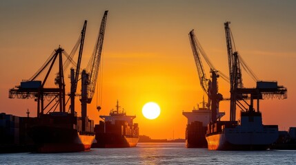 Obraz premium Silhouetted cargo ships and cranes at sunset, creating a serene maritime scene.