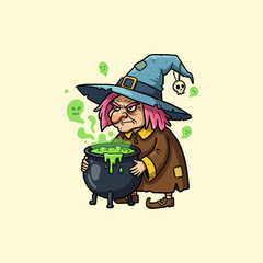 Grumpy Witch Brewing Green Potion A Whimsical Halloween Cartoon