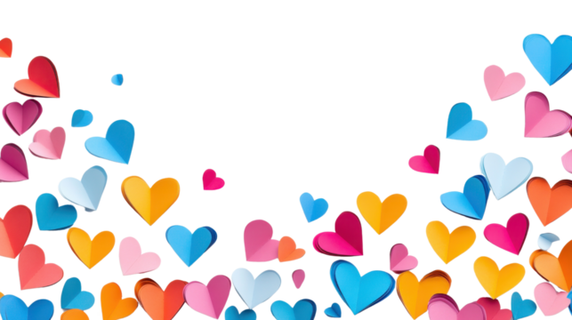 Vibrant paper hearts scattered on a clear backdrop