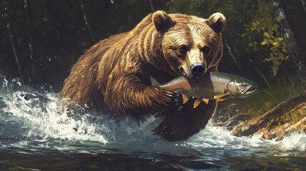 Obraz premium Grizzly Bear (Ursus arctos horribilis) running with coaght salmon in river, Katmai national park, USA.