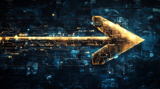 Digital arrow moving forward on circuit board background