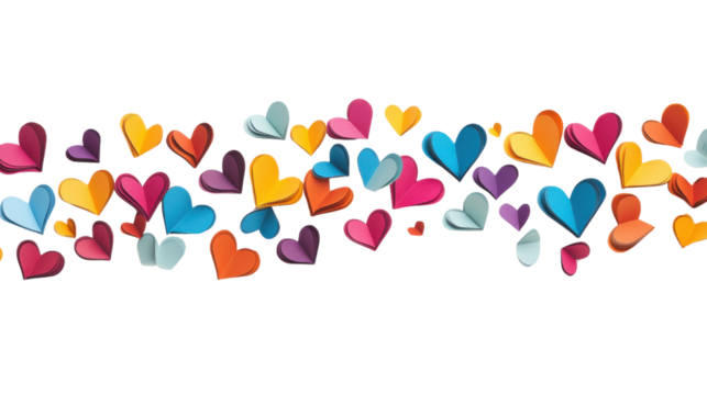 Colorful paper hearts on transparent background