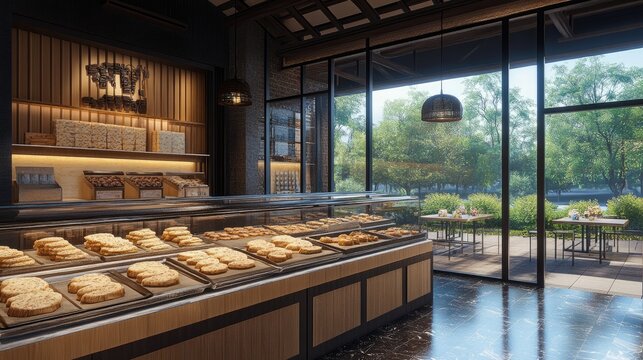 A modern pet bakery with trays of gourmet pet cookies and biscuits