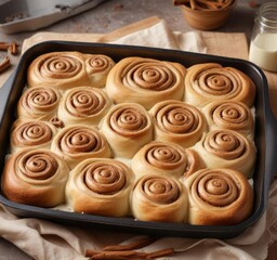 Fototapeta premium Large Capacity Baking Pan Filled with Unbaked Cinnamon Roll Dough Ready for Cooking , cinnamon roll, sweet recipes