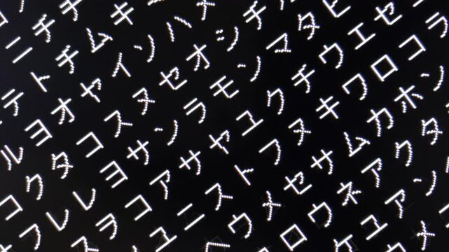 コンピュータ空間のランダムな文字列・さまざまな文字を含むデータベース・エンコードされたプログラム内のデータセット・数学的計算・大規模言語モデル・機械翻訳・カタカナ・日本語・横長・ビデオ