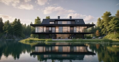 Obraz premium Large modern house with black exterior in the background of a serene lake, dark , large house, lake