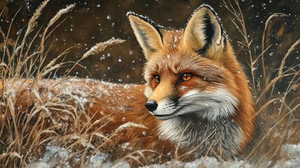 Obraz premium A majestic red fox staring intently, its fur dusted with snowflakes.