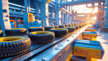 Production line shows tire manufacturing process at a facility during sunset