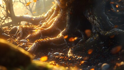 Fototapeta premium Golden Sunlight Illuminates Ancient Tree Roots