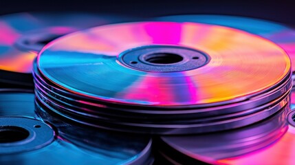 Fototapeta premium Colorful CDs Stacked, Dark Background, Data Storage