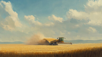 Fototapeta premium Combine harvester delivering harvested grain onto a grain trailer on a farm