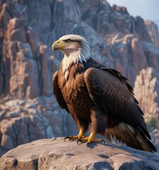 Obraz premium Majestic eagle perched on a granite outcropping, nature photography, bird, mountain