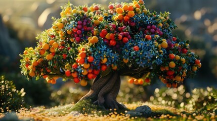 A vibrant fruit tree model, featuring colorful fruits and dense foliage,