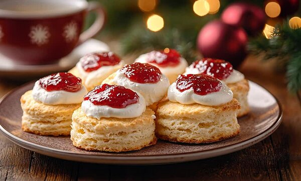 Festive holiday table setting featuring freshly baked scones topped with cream and jam
