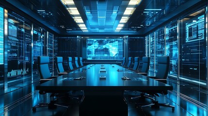 Empty conference room with a blue tech background