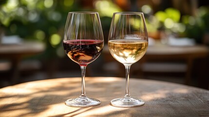 Red and white wine glasses on patio table