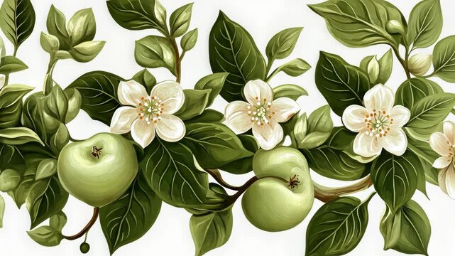 Green apple blossoms and leaves create a vibrant pattern in a decorative design