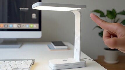 Naklejka premium A power button on a sleek desk lamp being pressed