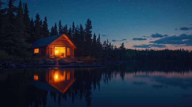 Cozy cabin lake night stars reflection tranquility escape